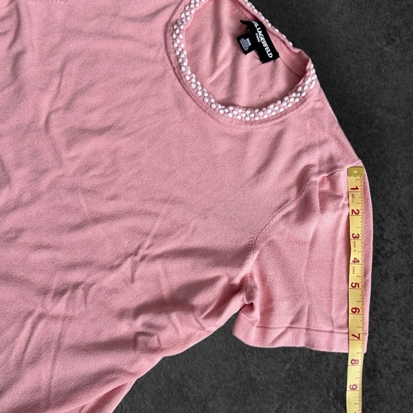 Karl Lagerfeld Paris - Short Sleeve Knit with Embroidered Neck Line in Soft Pink - Picture 9 of 9